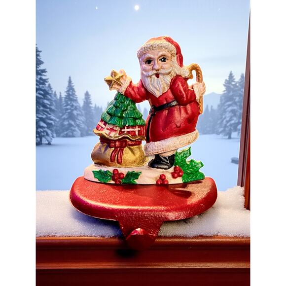 Vintage Cast Iron Santa Stocking Holders Pair-Taiwan-Hand Painted-Mantel Hooks - Picture 5 of 7